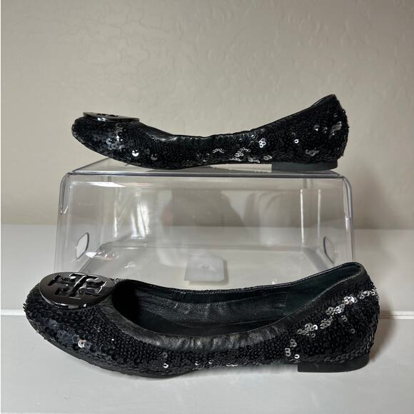 Tory Burch Black Leather Sparkle Sequin Logo Ballet Flats Size 6.5 - Picture 3 of 9